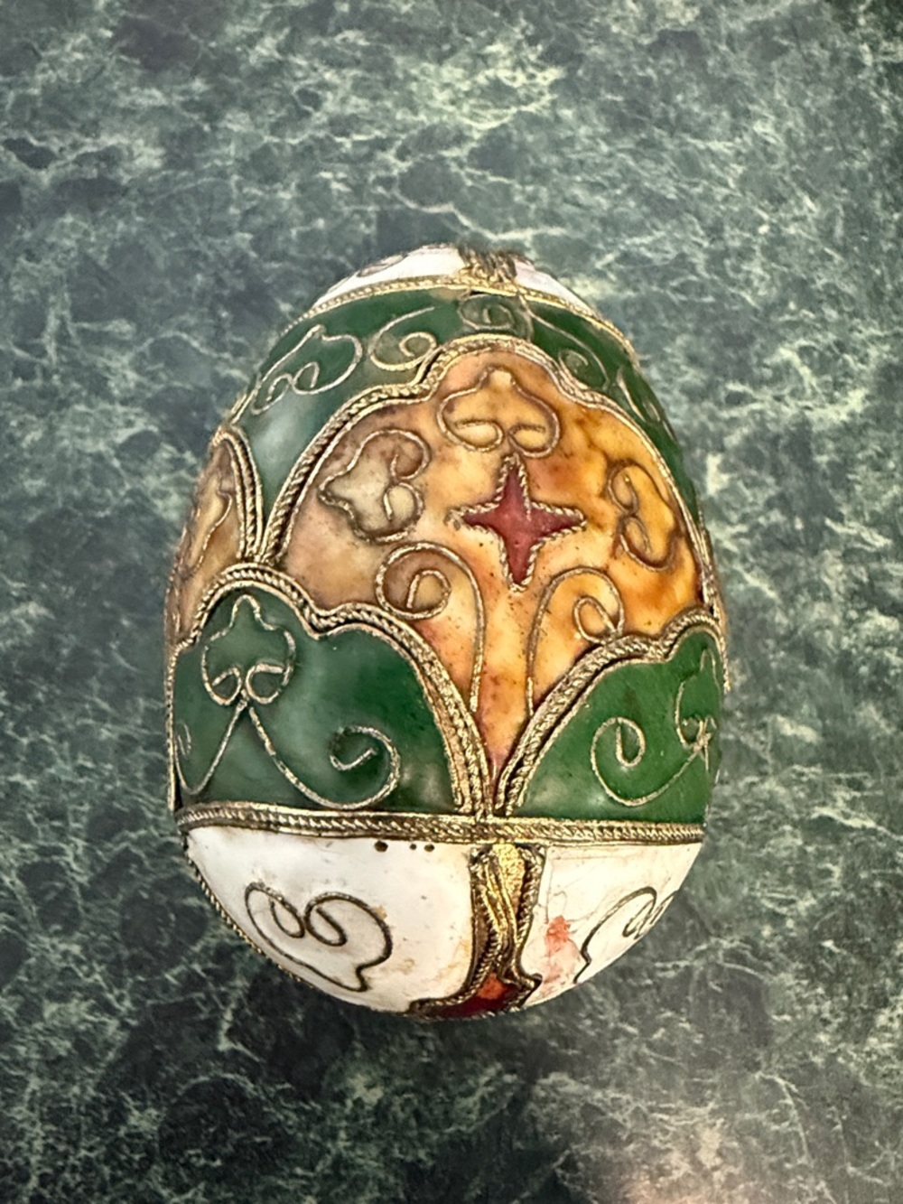 Handcrafted Cloisonné Egg Ornament in Green, Gold and White